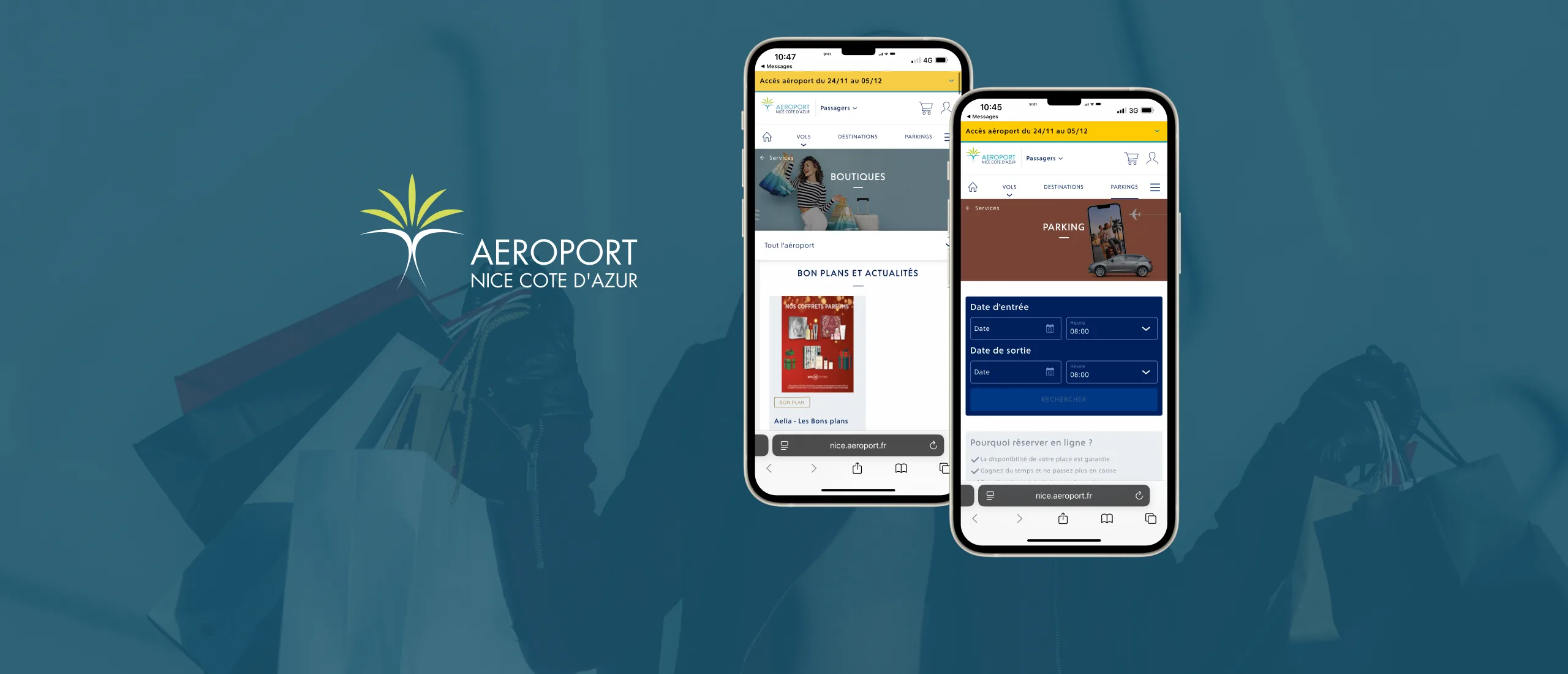 Le site de l'aéroport de Nice sur mobile : boutiques et réservation de parking