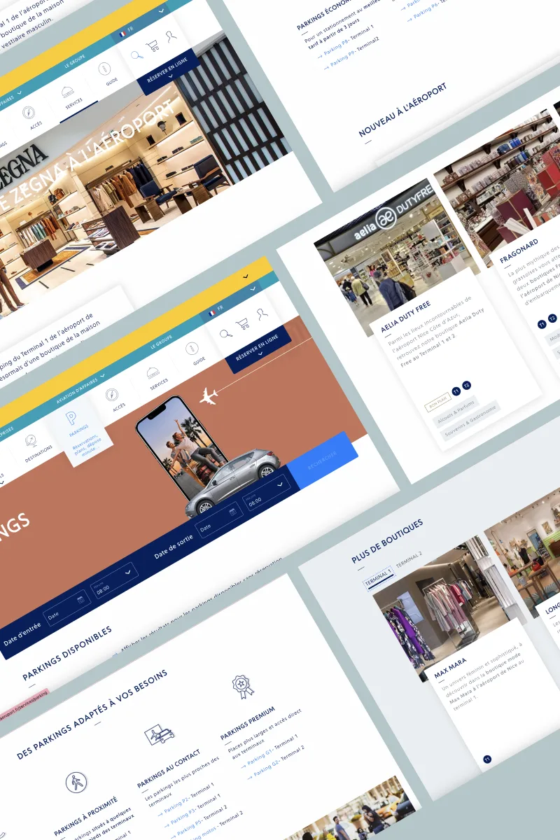 Les pages Parkings et Boutiques de l'aéroport, en perspective