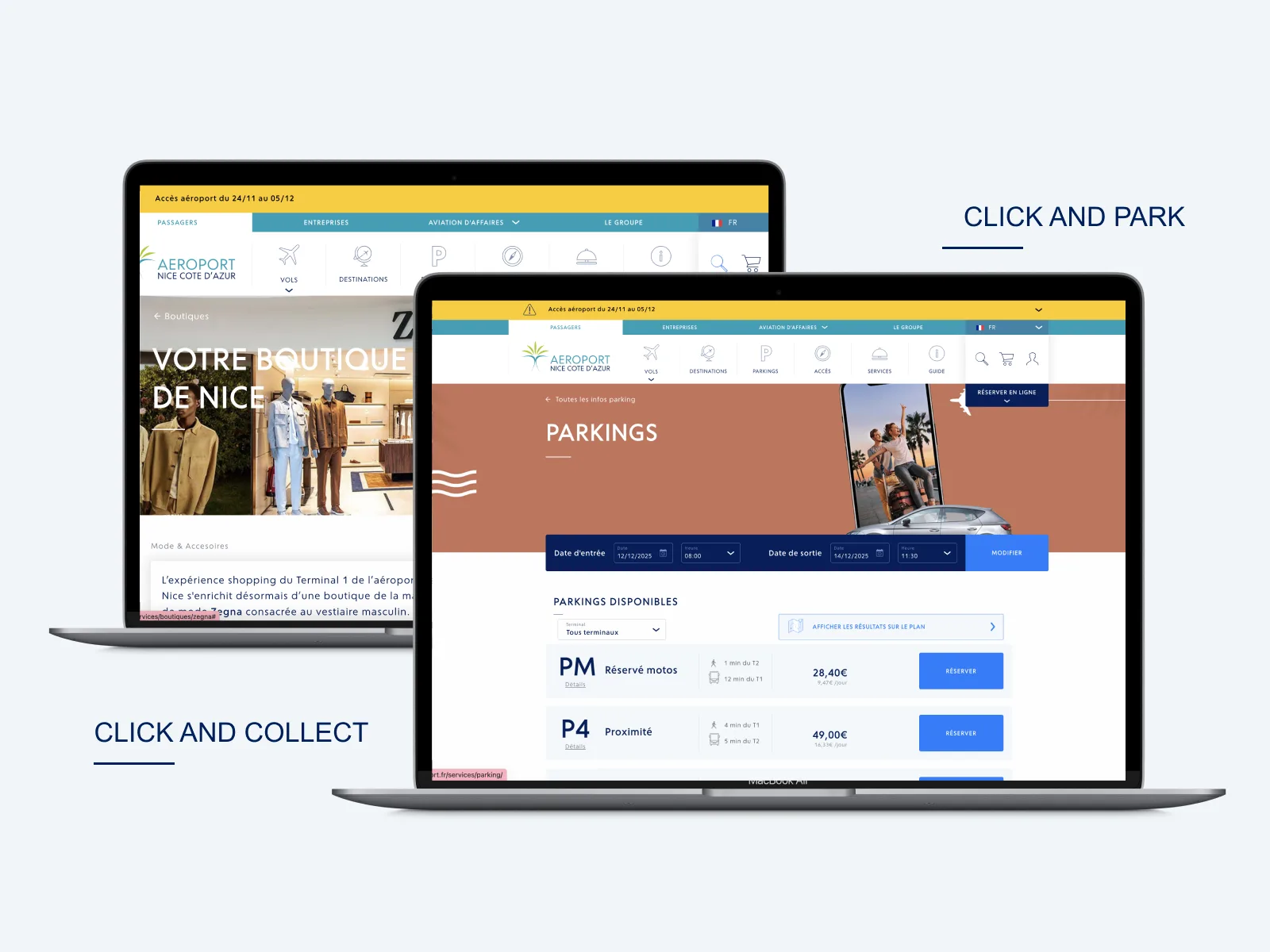 Click and park et click and collect : les pages Parkings et Boutiques sur ordinateur