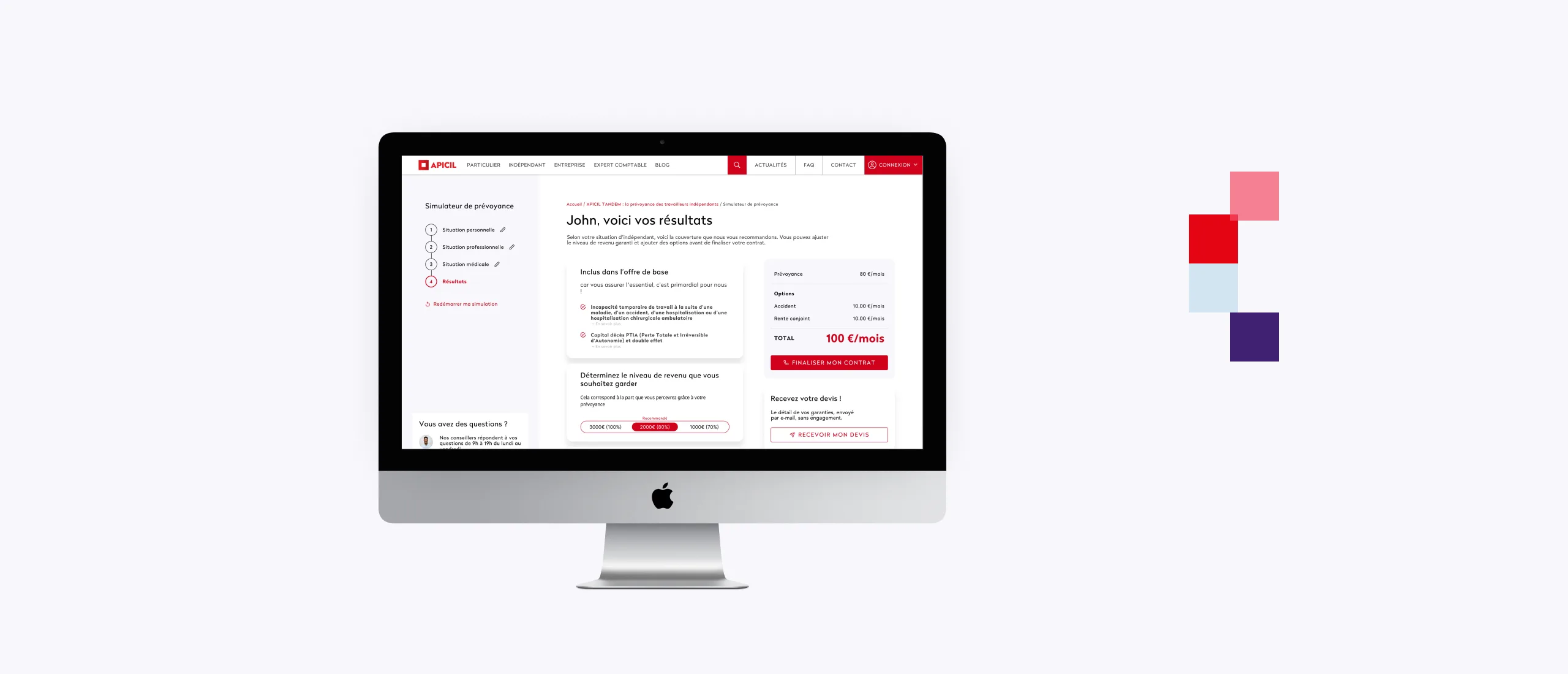 Le simulateur de prévoyance Apicil sur un écran d'ordinateur, à l'étape des résultats