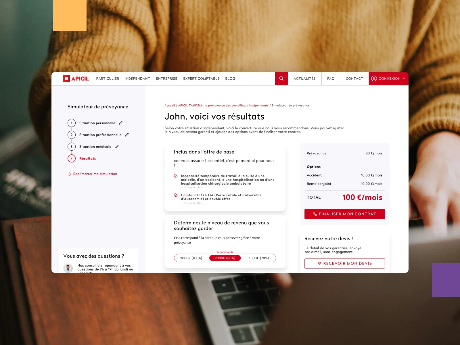 L'écran de résultats du simulateur : garanties incluses, options et total mensuel