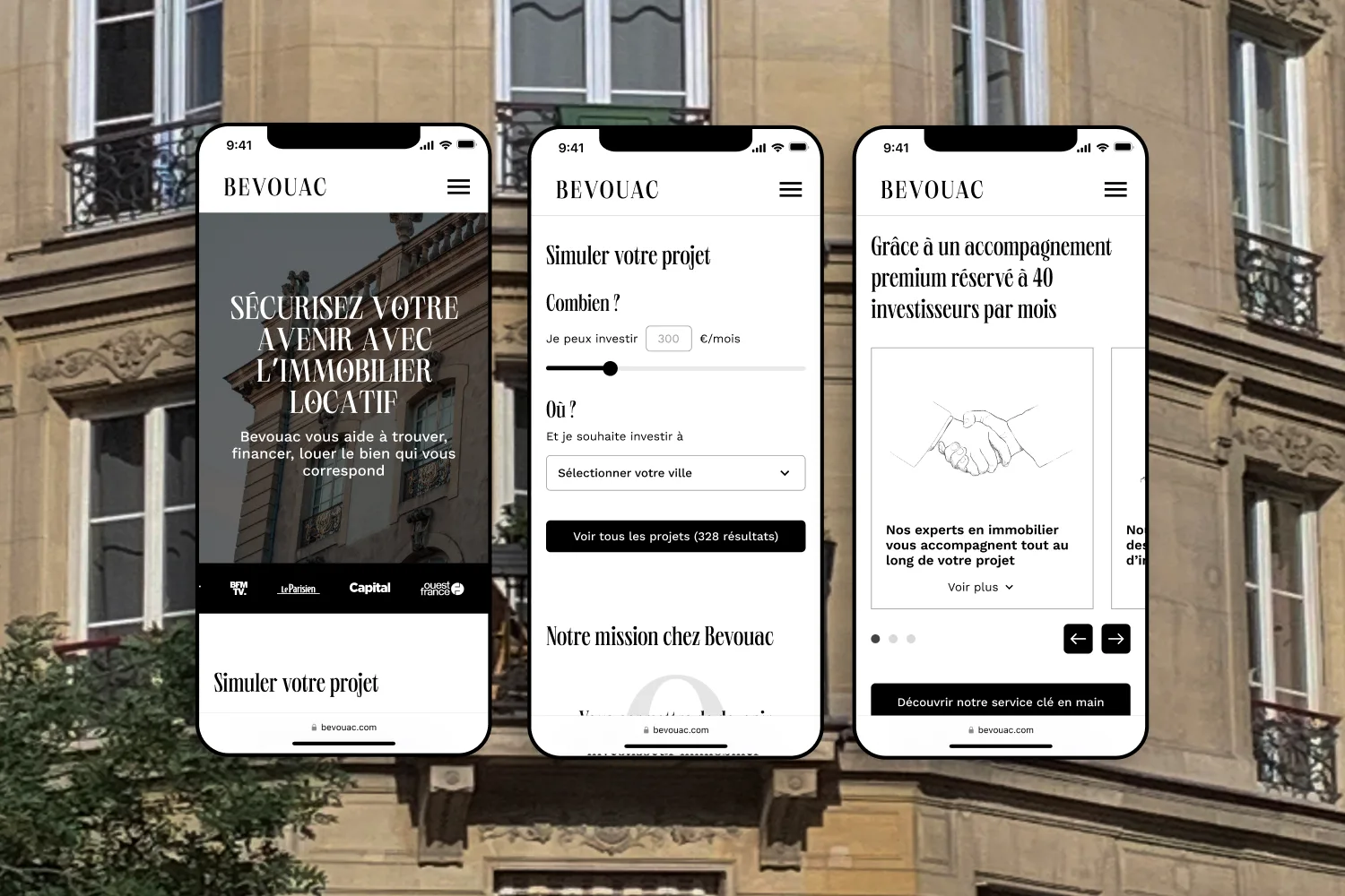 Le site Bevouac sur mobile : accueil, simulateur de projet et accompagnement