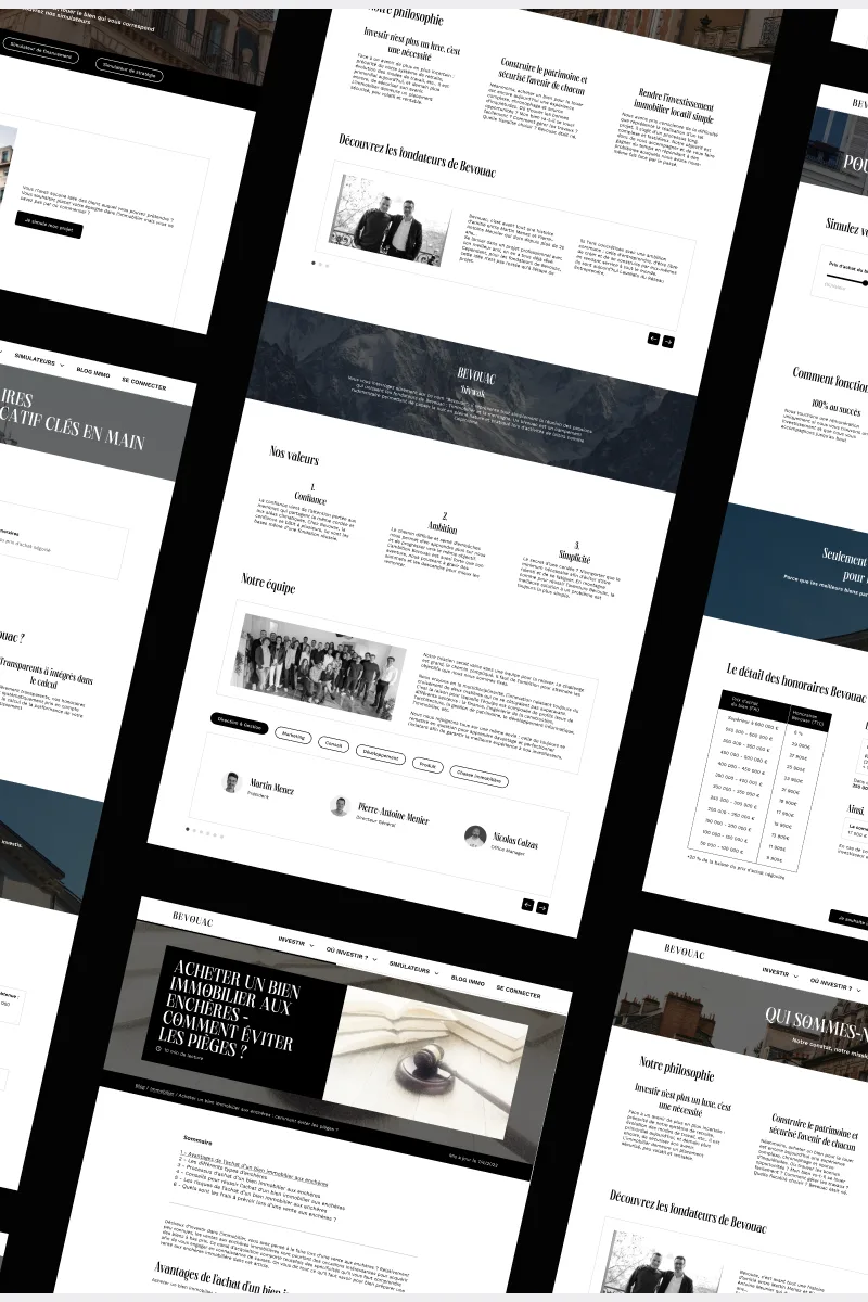 Les pages du site : philosophie, équipe, honoraires et articles
