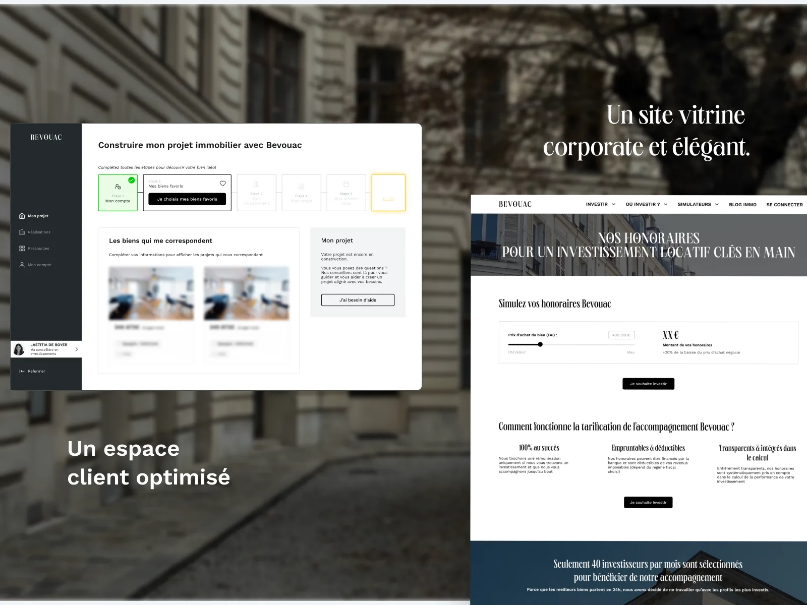 Un site vitrine corporate et élégant, et un espace client pour construire son projet