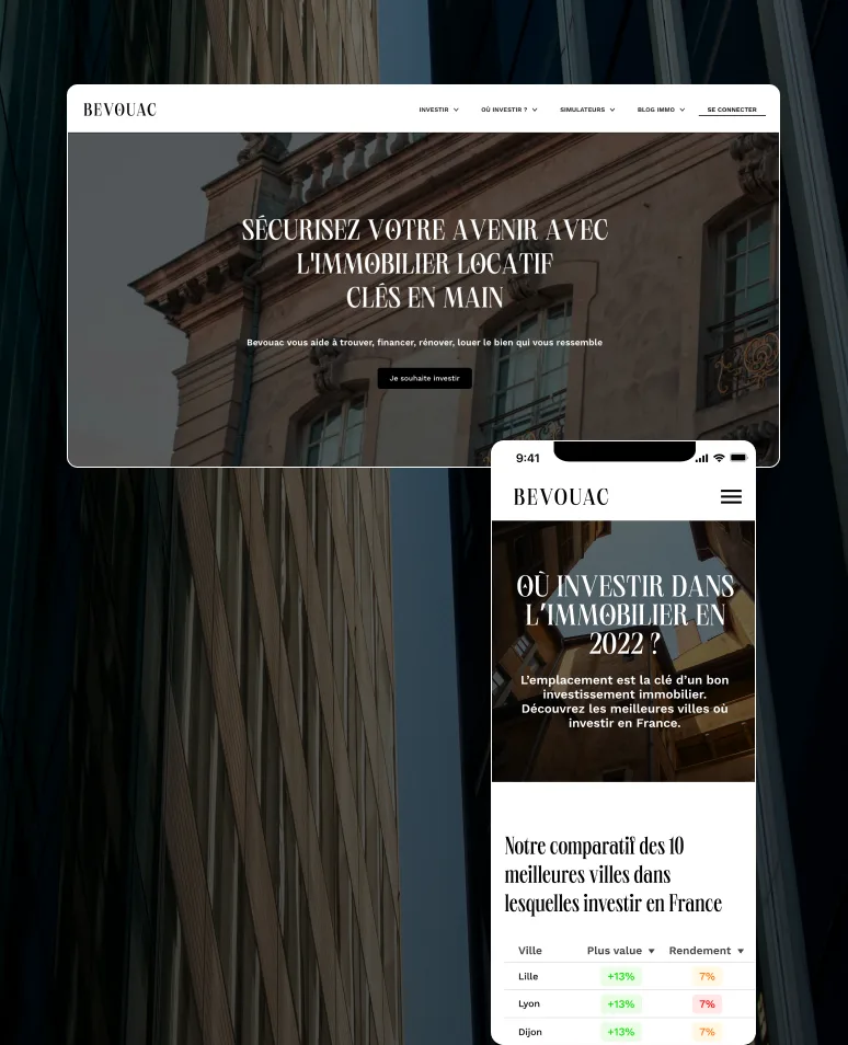 Le site Bevouac sur ordinateur et mobile : l'accueil et le comparatif des villes où investir