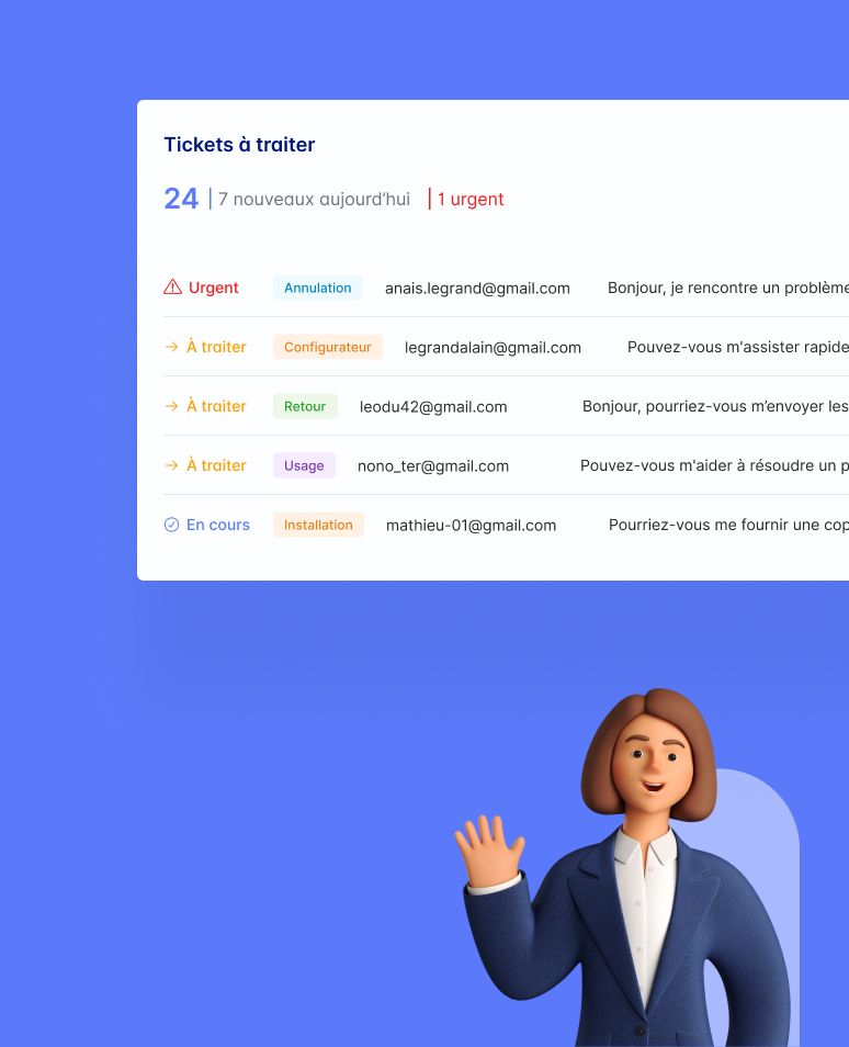 La liste des tickets à traiter dans le dashboard SAV de Costeel, et Cléo qui salue