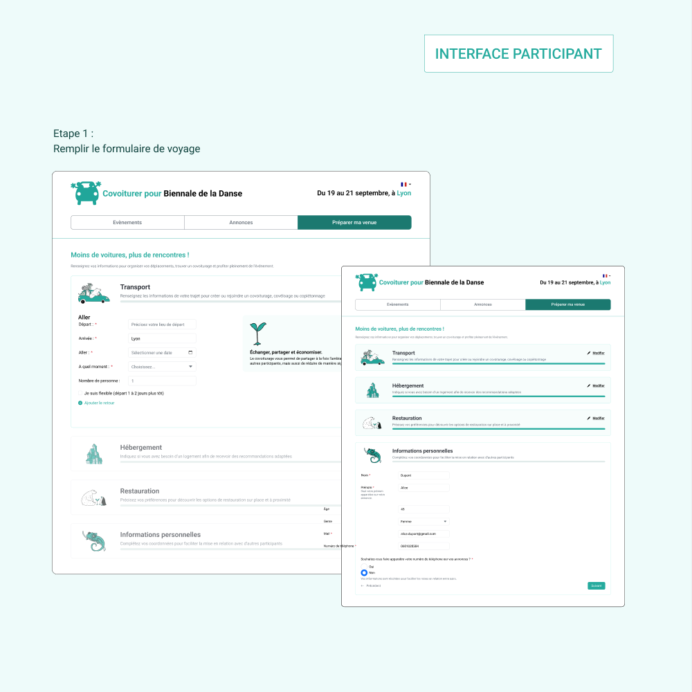 Interface participant, étape 1 : le formulaire de voyage, en version bureau et mobile