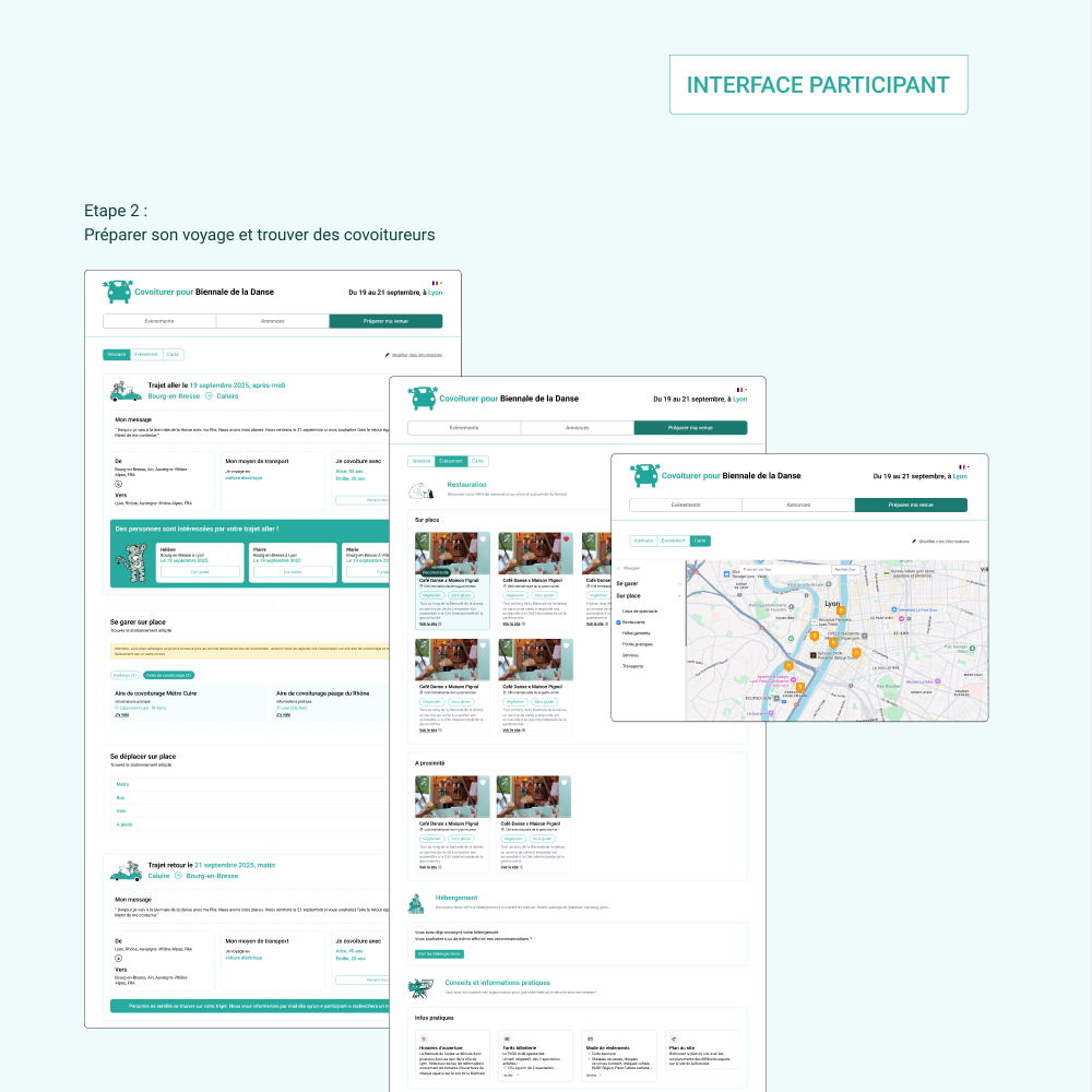 Interface participant, étape 2 : trajets proposés, lieux sur place et carte des alentours