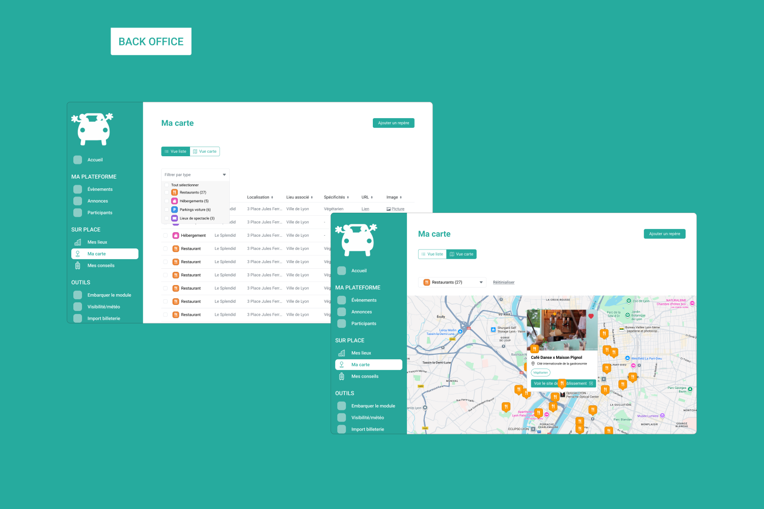 Back office organisateur : la liste des lieux et leur carte