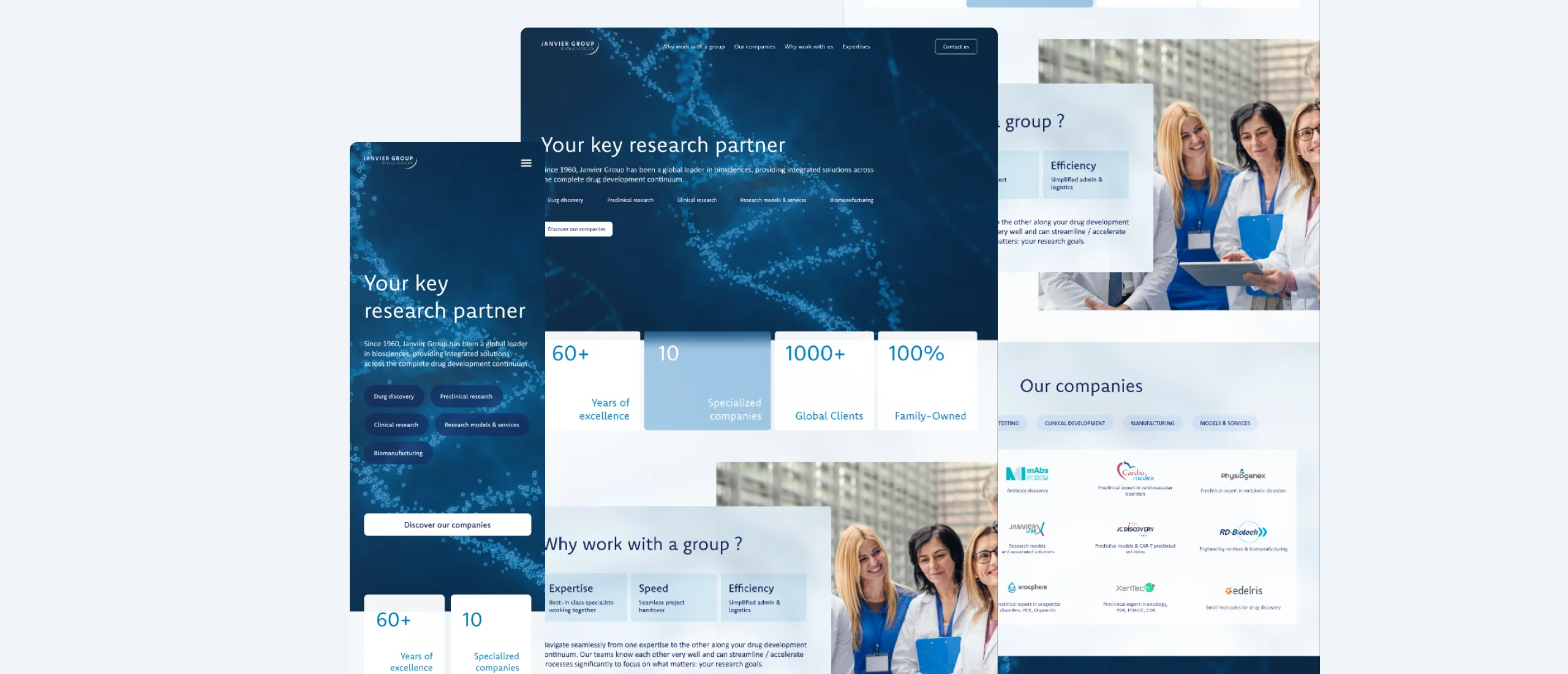 L'accueil du site Janvier Group sur ordinateur et mobile, avec ses chiffres clés et les sociétés du groupe