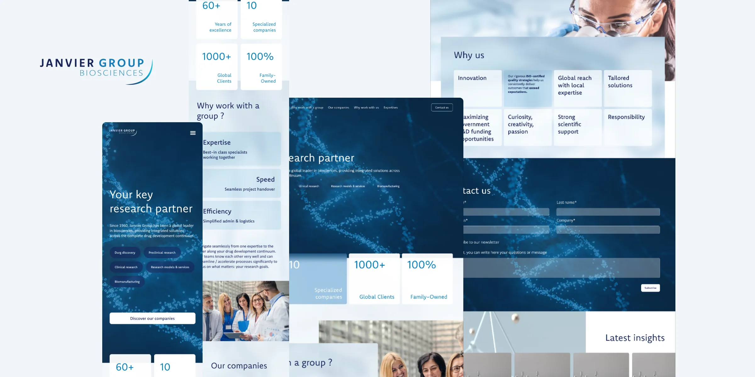 Les écrans du site Janvier Group : accueil, raisons de travailler avec le groupe, sociétés et contact