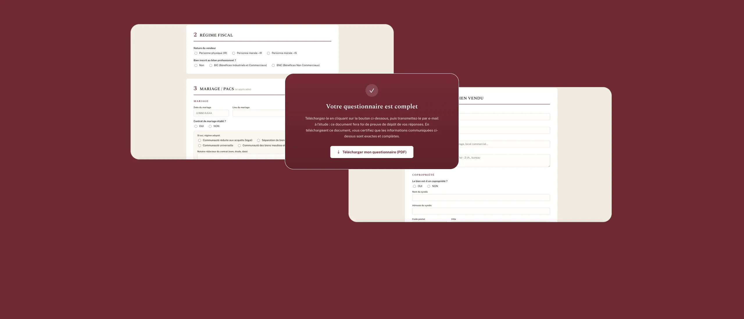 Le questionnaire vendeur : régime fiscal, mariage, bien vendu et confirmation de dépôt