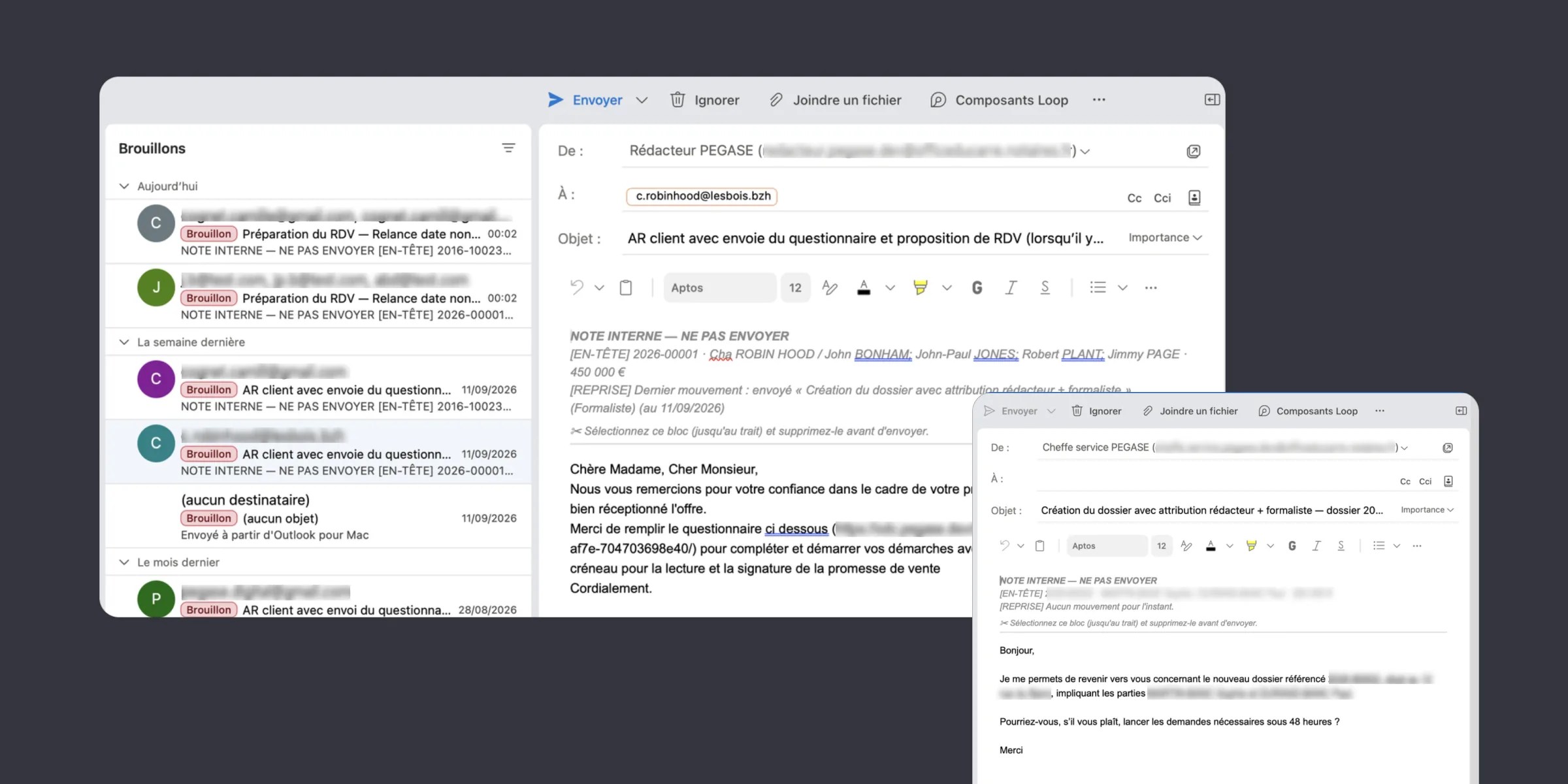 Les brouillons préparés dans Outlook, pour le rédacteur et pour la cheffe de service