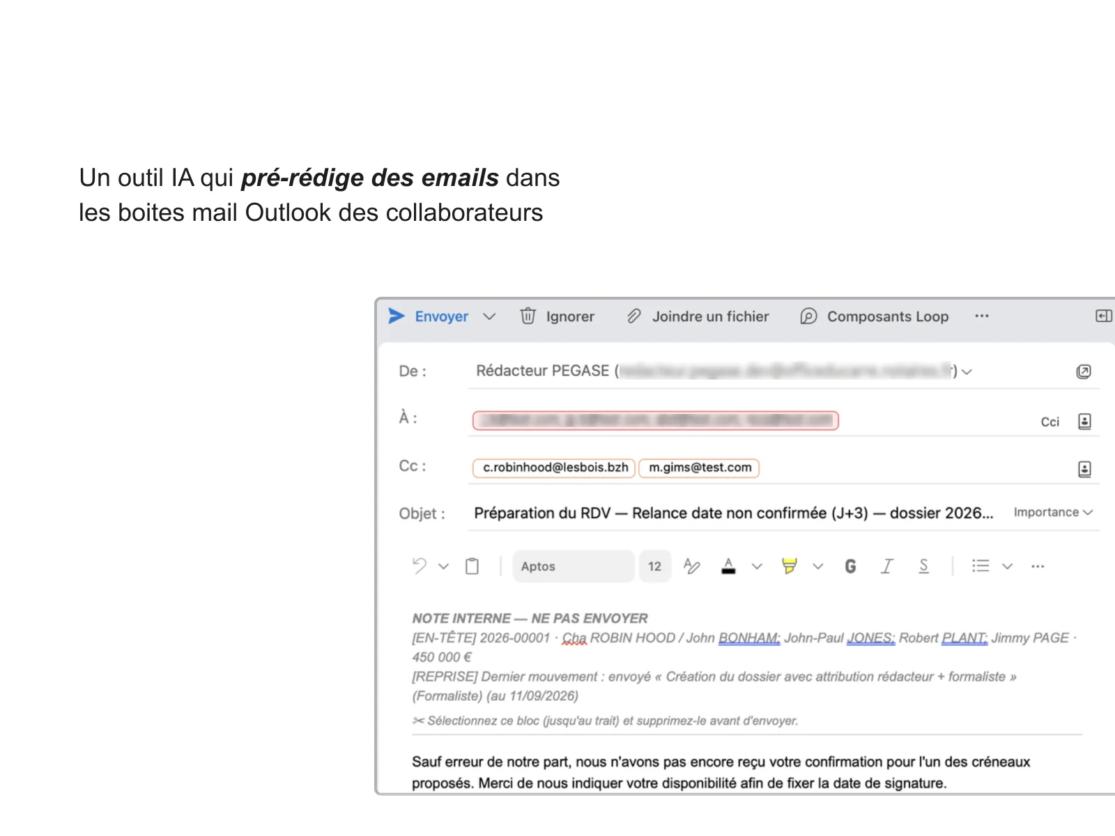 Un brouillon préparé dans Outlook, avec la note interne du dossier au-dessus du message