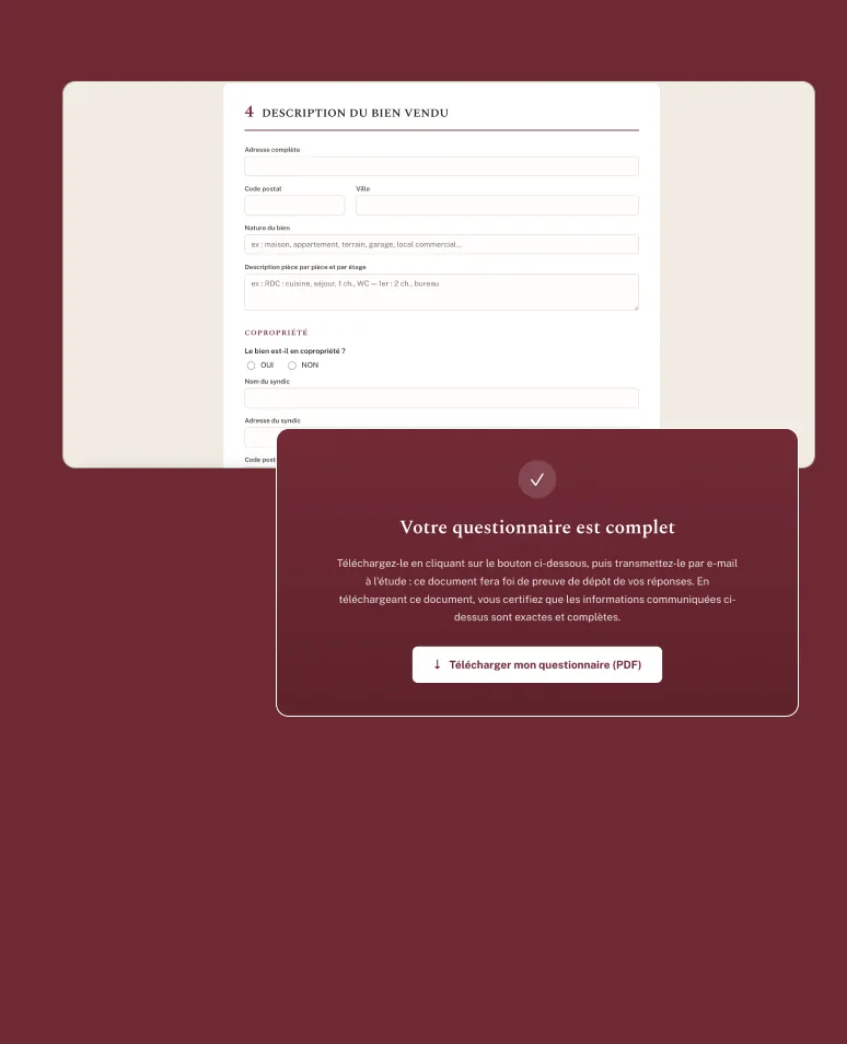 Le questionnaire vendeur en ligne et son écran de confirmation