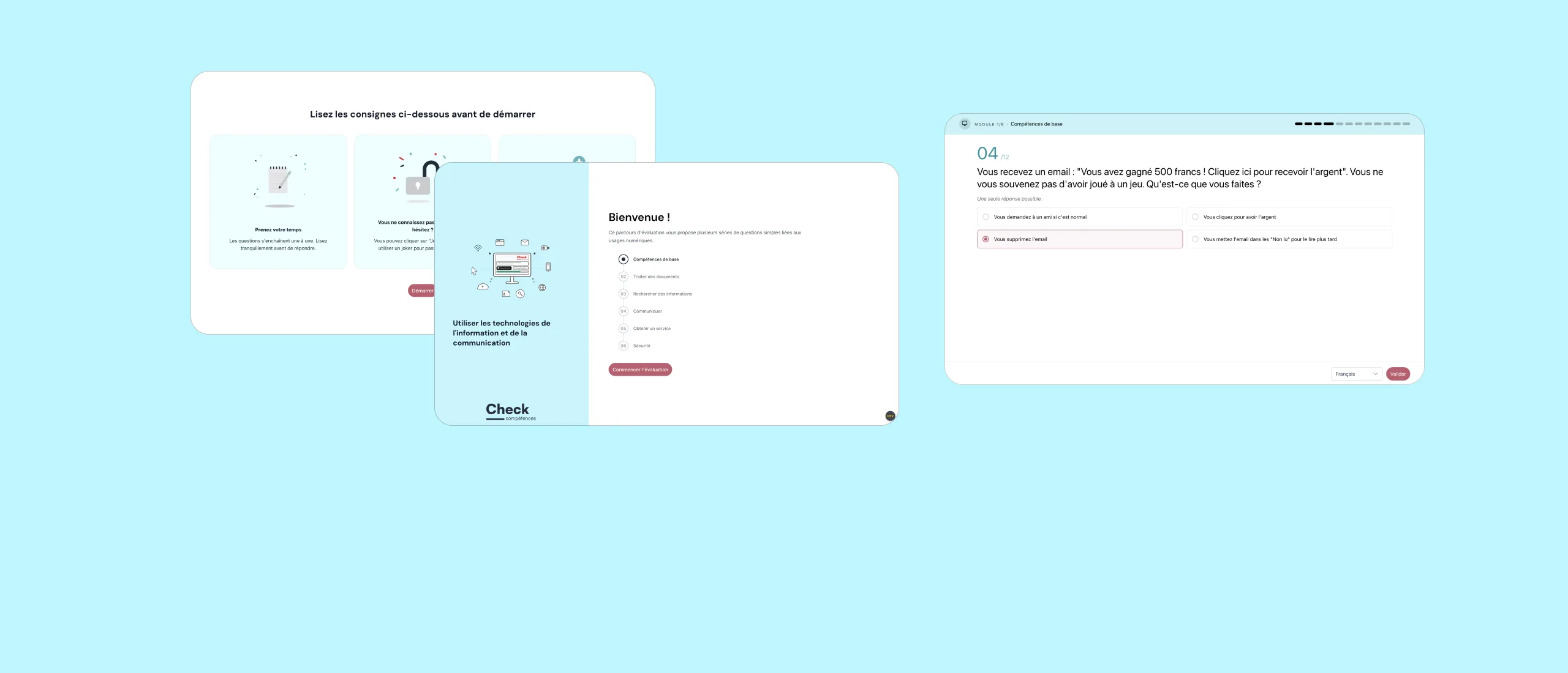 Check Compétences : les consignes, l'accueil du parcours et une question du module Compétences de base
