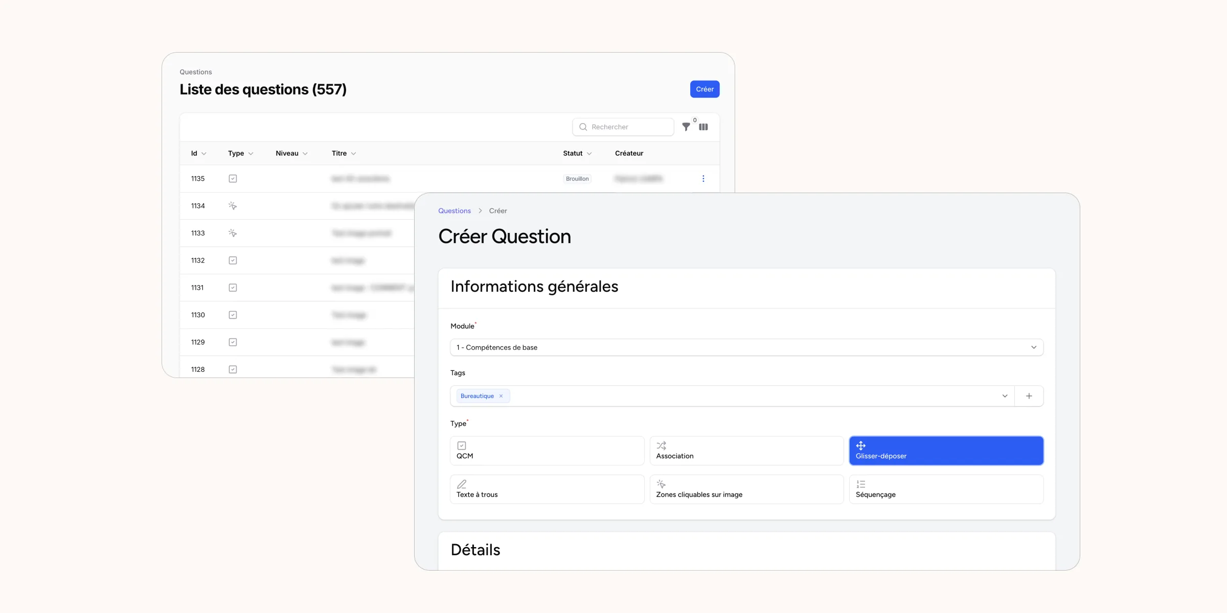 Le back office : liste des questions et création d'une question, par module et par type