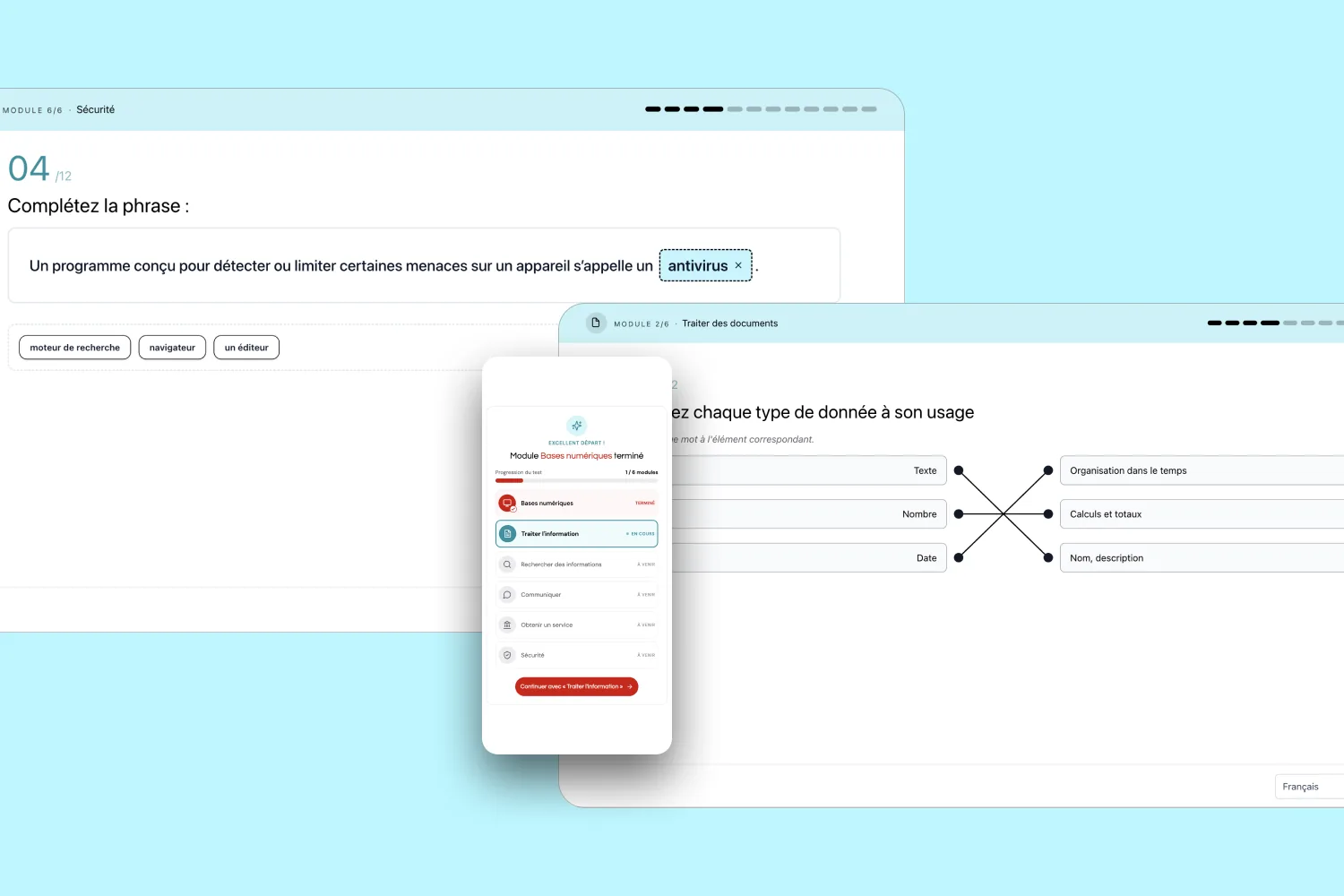 Trois types de questions : phrase à compléter, association et progression par module sur mobile