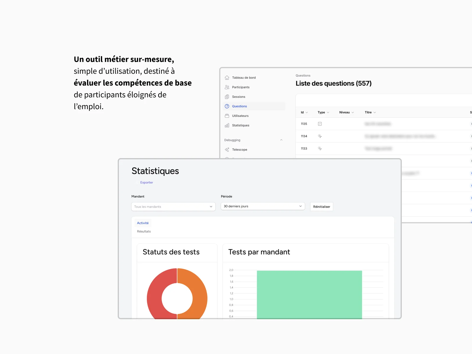 Le back office de Check Compétences : liste des questions et statistiques par mandant