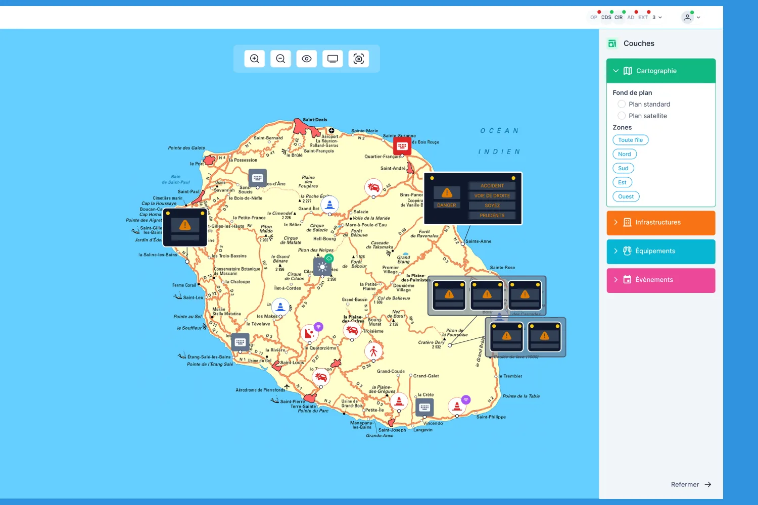 Le synoptique : la carte du réseau routier de La Réunion et ses équipements