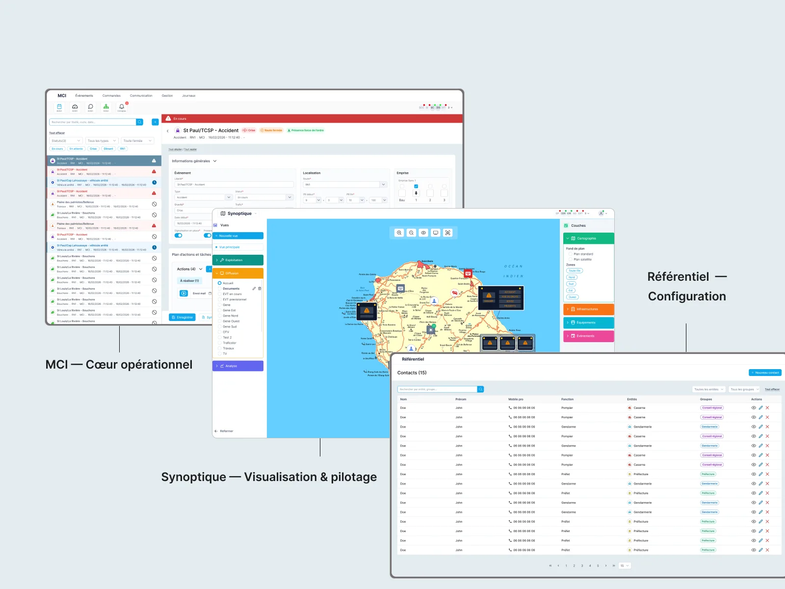 Les trois applications de Maloia : la main courante, cœur opérationnel, le synoptique pour visualiser et piloter, le référentiel pour configurer