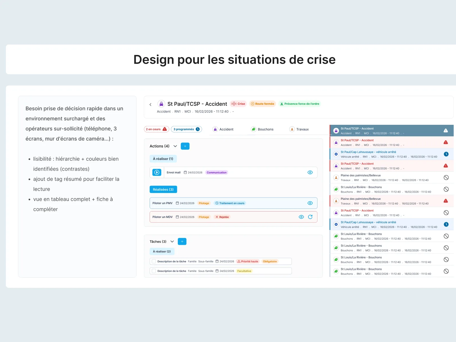 Pensé pour la crise : la fiche d'un accident avec ses actions et ses tâches, à côté de la liste des événements