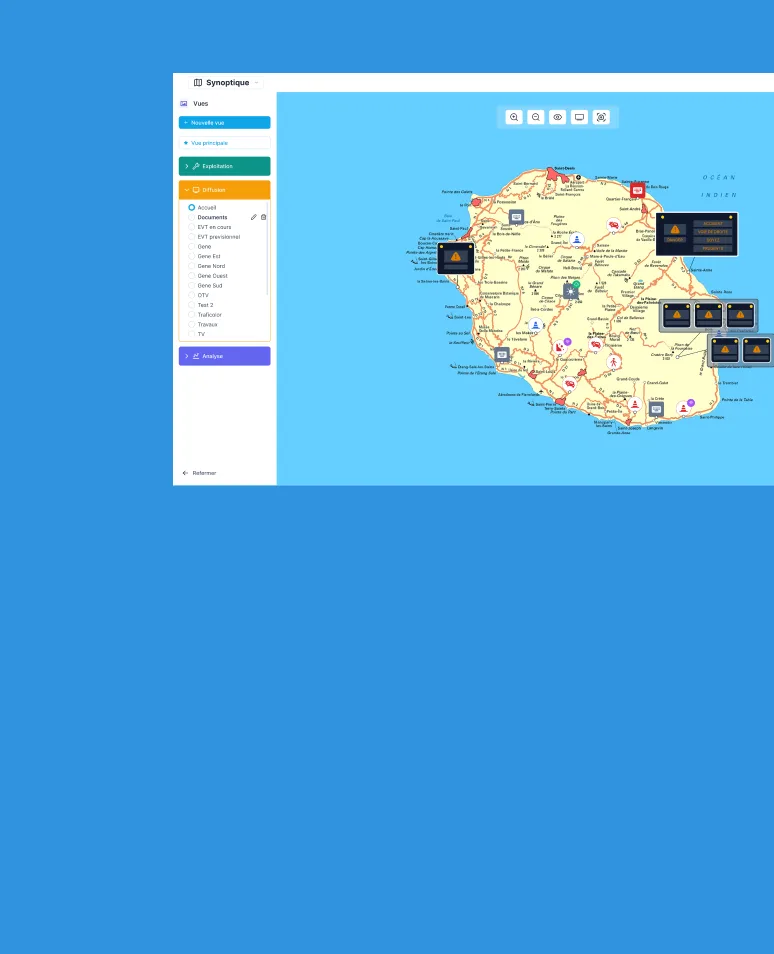 Le synoptique de Maloia : la carte du réseau routier de La Réunion et ses panneaux à message variable