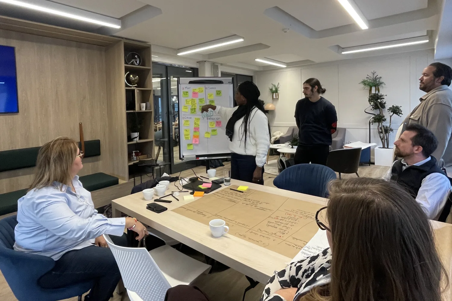 Restitution d'un atelier devant un tableau de post-it