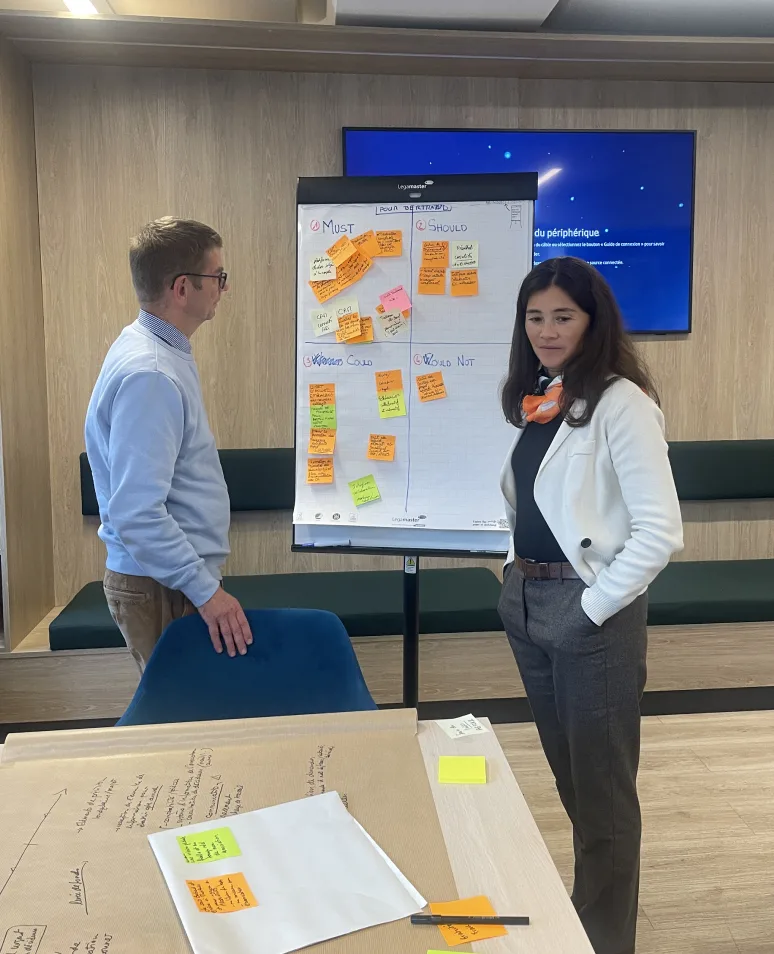 Atelier Théo Asso : deux participants devant un tableau de priorisation en post-it